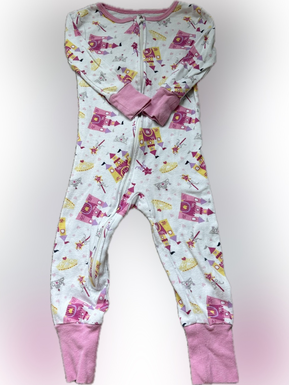 Girls Pink Castle Print Footless One-Piece Pajamas